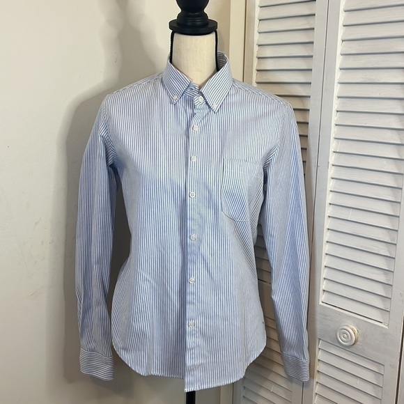 MGWDT Pinstriped Oxford Button Down Long Sleeved Collared Blouse - Picture 2 of 10
